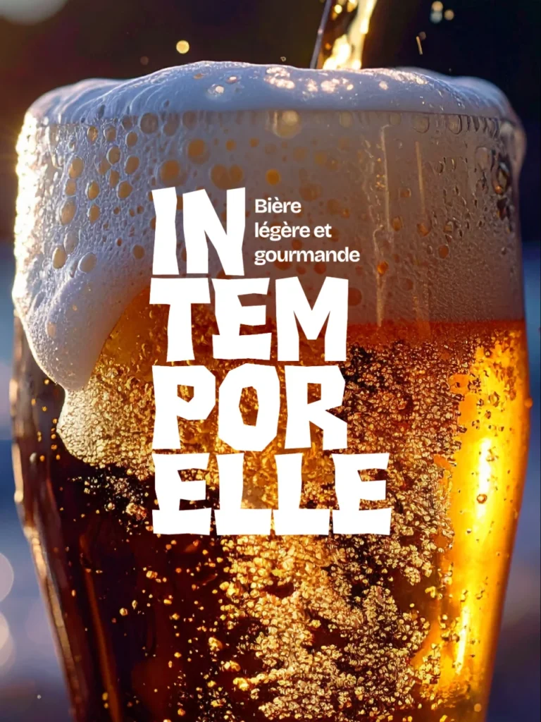 Gros plan sur un verre de bière blonde avec de la mousse débordante. Le texte "IN TEM POR ELLE" est superposé en lettres blanches, avec "Biere légère et gourmande" à droite du "N".