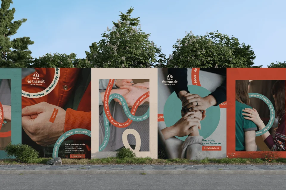 Affiche de campagne montrant des mains se tenant et des mots clés comme 'écouter', 'aider' et 'orienter' autour de cercles.