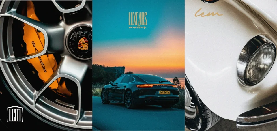 Collage montrant la roue d'une Porsche, une berline de luxe au coucher du soleil et le phare d'une voiture classique blanche.
