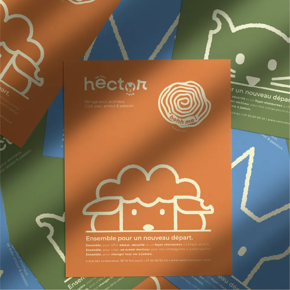 Ensemble de flyers pour le refuge pour animaux "Un toit pour Hector" avec des illustrations d'animaux stylisés et des messages d'amour et de passion. Design par Chloé Lance, graphiste bourgoin-jallieu, Lyon, Isère.