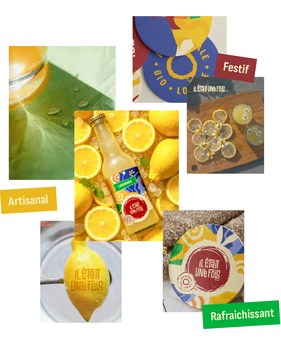 Composition visuelle mettant en avant une limonade artisanale et bio, avec des citrons frais, des rondelles de citron, et des éléments graphiques festifs et rafraîchissants. Identité visuelle à La Tour du Pin, Bourgoin-Jallieu, Isère, Lyon.​