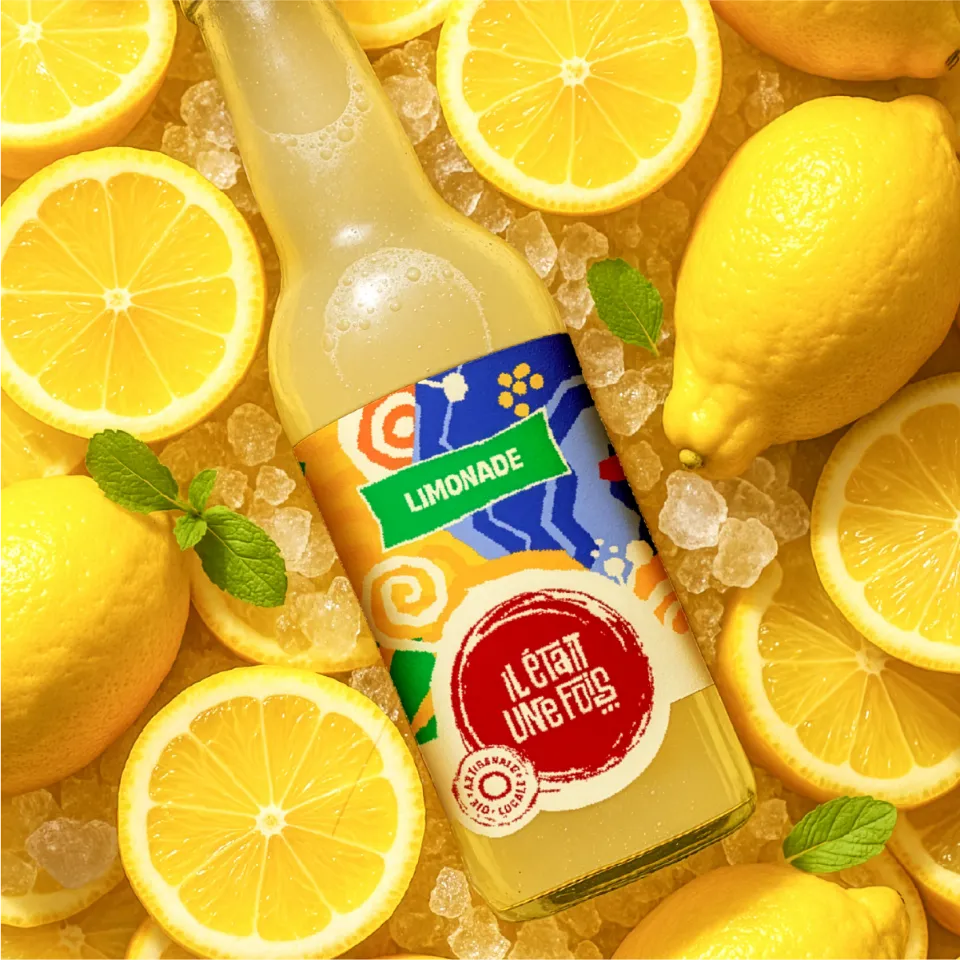 Une bouteille de limonade artisanale bio posée sur de la glace pilée, entourée de citrons frais entiers et coupés en rondelles, avec des feuilles de menthe. Design par Chloé Lance, graphiste bourgoin-jallieu, Lyon, Isère.