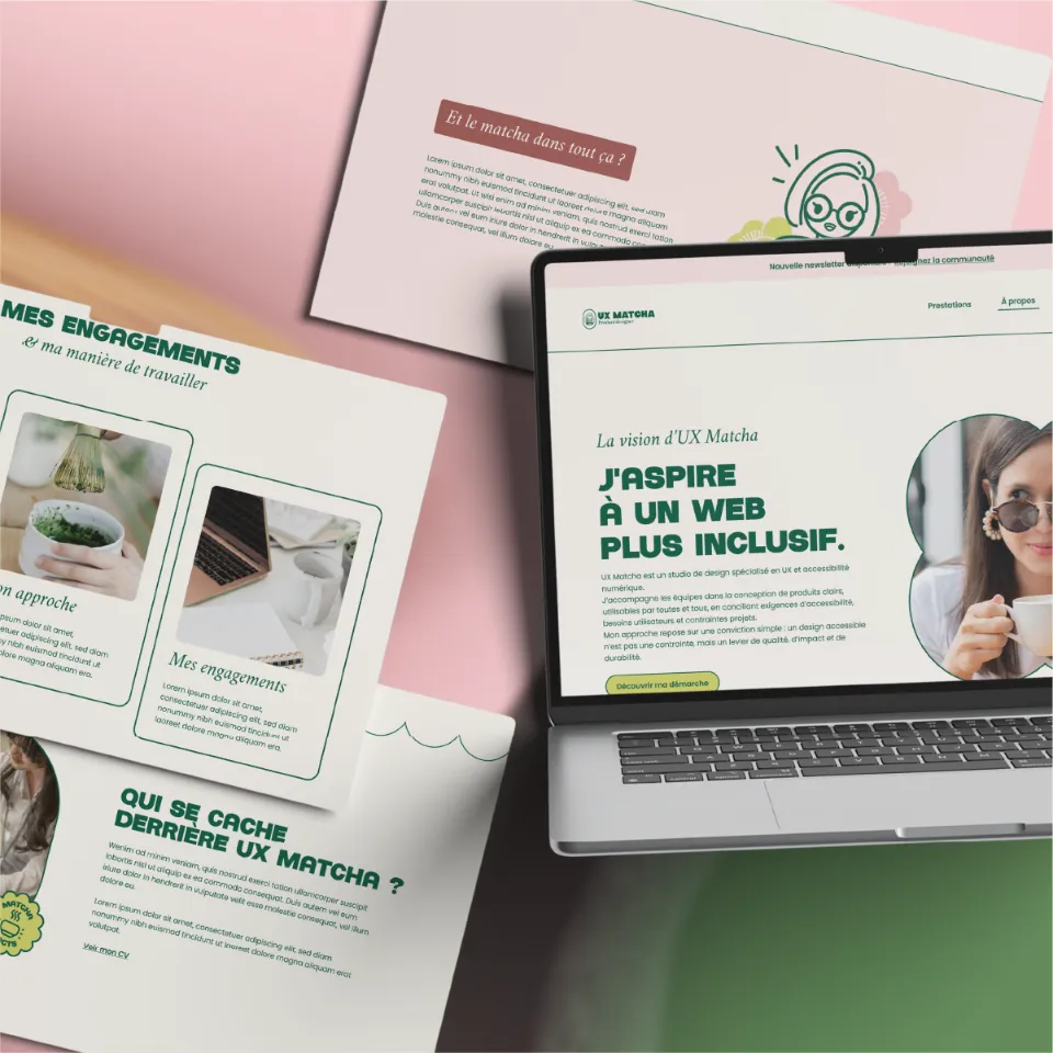 Capture d'écran d'une présentation sur l'UX Matcha montrant des documents et un ordinateur portable ouvert sur le site web. Design par Chloé Lance, graphiste bourgoin-jallieu, Lyon, Isère.