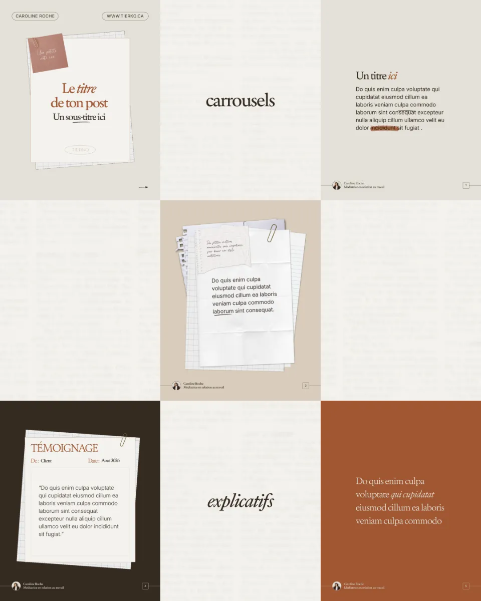 Collage de plusieurs maquettes de contenu marketing, incluant des titres, des témoignages et des explicatifs, avec le nom de Caroline Roche et le site web Tierko.ca.