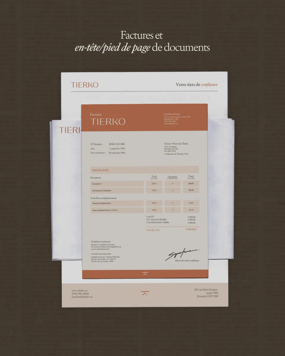 Exemple de factures et de documents avec en-tête et pied de page, mettant en avant le logo TIERKO.