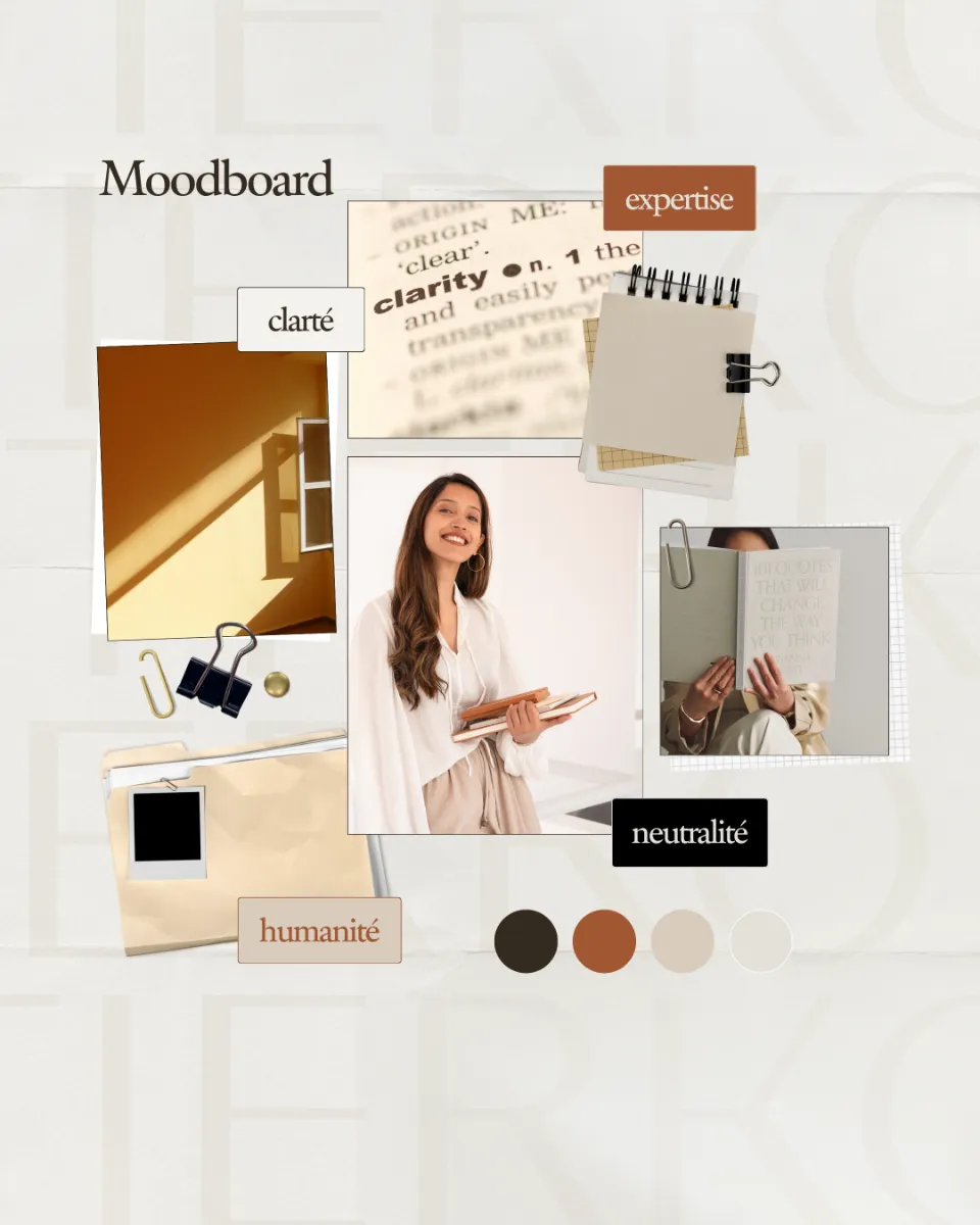 Moodboard composé d'images évoquant la clarté, l'expertise, l'humanité et la neutralité, avec des extraits de dictionnaire et des citations inspirantes.