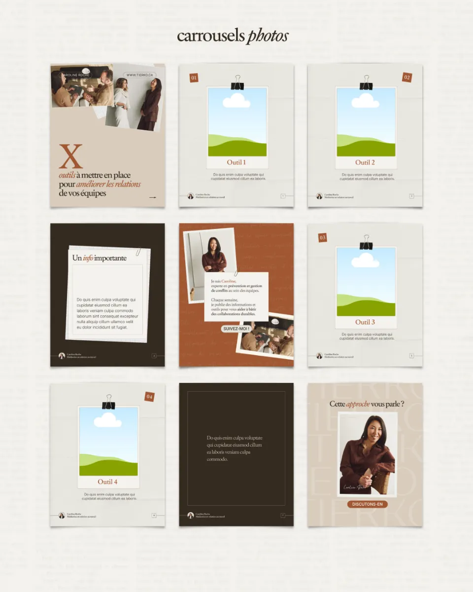Présentation visuelle de plusieurs outils pour améliorer les relations d'équipe, incluant des cadres avec des images et du texte.