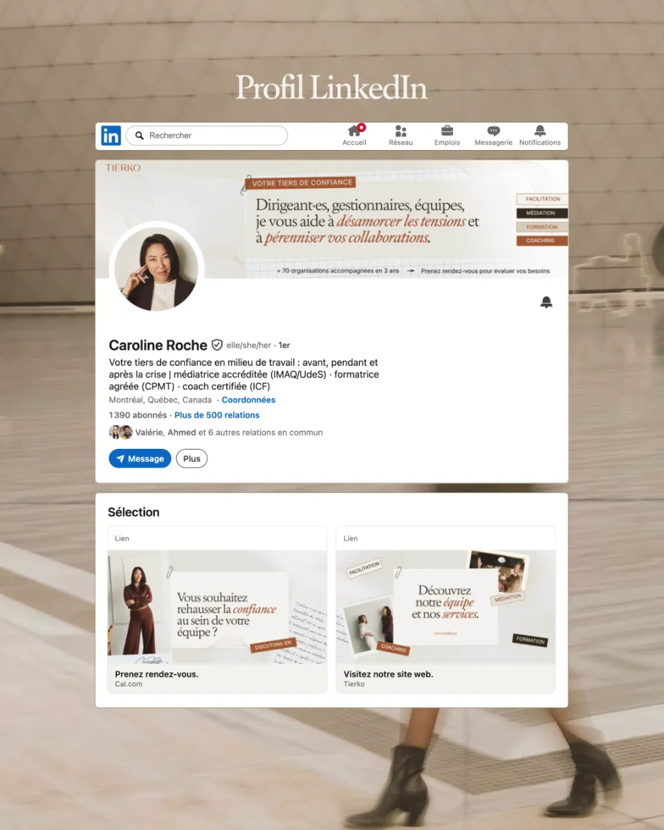 Profil LinkedIn de Caroline Roche, coach et médiatrice, offrant ses services aux dirigeants et équipes pour améliorer les collaborations et la confiance.